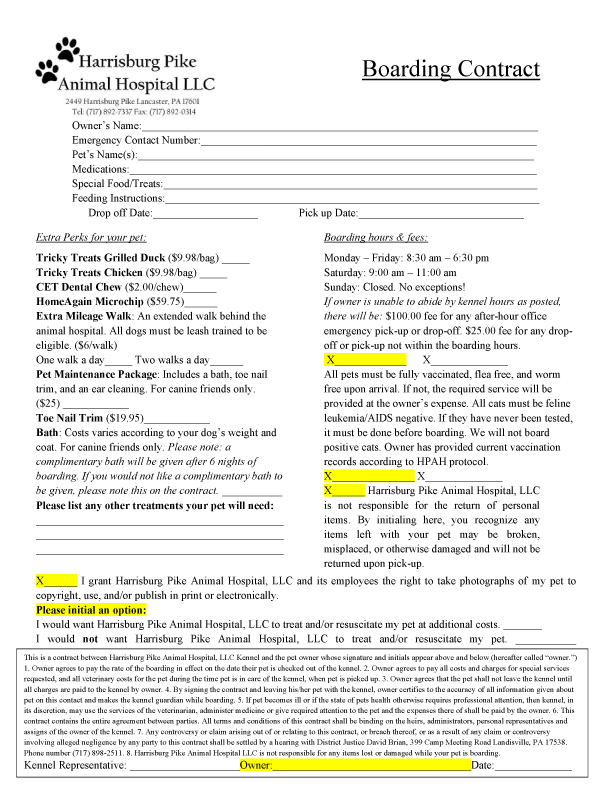 Harrisburg Pike Animal Hospital Boarding Contract Harrisburg Pike Animal Hospital Boarding Contract